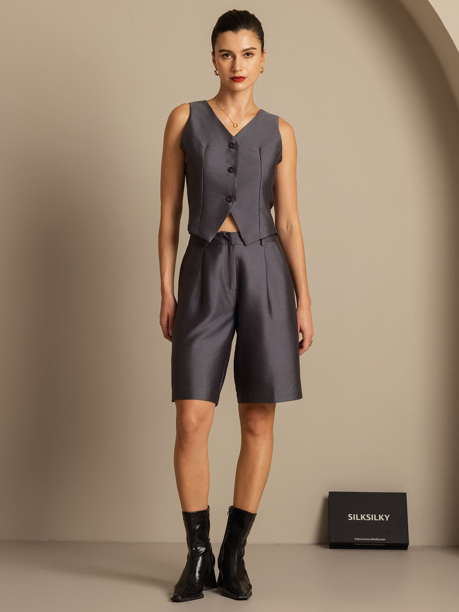 [رمادي] SilkSilky-SA 32Momme الحرير رقبة على شكل حرف V سترة نسائية 001,