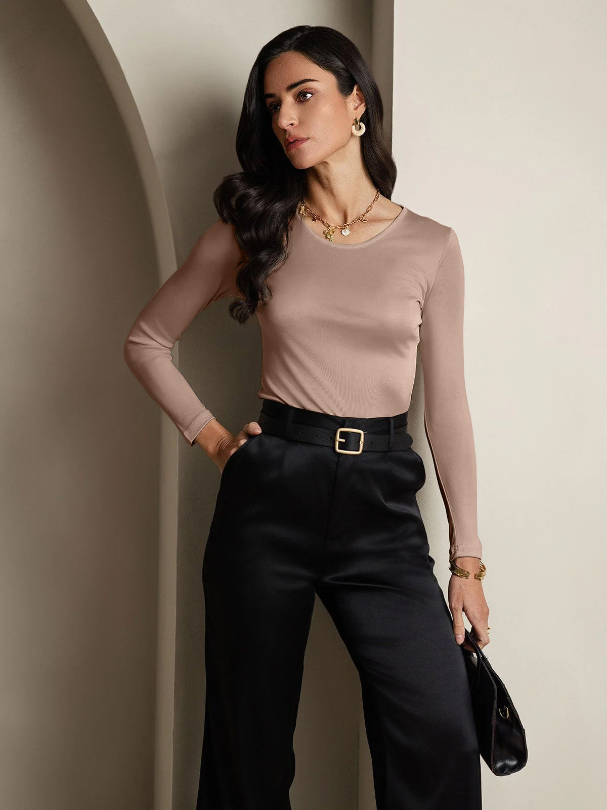 [قهوة] SilkSilky-SA الحرير رقبة مستديرة تي شيرت نسائية 004,