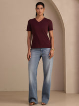 [خمر] SilkSilky-SA Short Sleeve V Neck تي شيرت نسائية 005