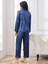 [أزرق غامق] SilkSilky-SA Long Sleeve Lapel Collar طقم بيجامة نسائي 002