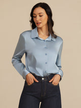 [أزرق رمادي] SilkSilky-SA Long Sleeve Lapel Collar بلايز نسائية 005