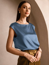 [أزرق بترولي حقيقي] SilkSilky-SA Cap Sleeve Round Neck تي شيرت نسائية 003