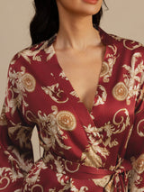 [تنين بلون النبيذ] SilkSilky-SA أكمام بثلاثة أرباع الأطوال رقبة على شكل حرف V رداء حمام نسائي 006