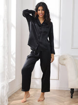 [أسود] SilkSilky-SA Long Sleeve Lapel Collar طقم بيجامة نسائي 005