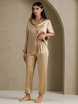 [ذهبي شمبانيا] SilkSilky-SA Long Sleeve Lapel Collar طقم بيجامة نسائي 001