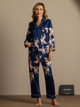 [أزرق غامق] SilkSilky-SA Long Sleeve Lapel Collar طقم بيجامة نسائي 007