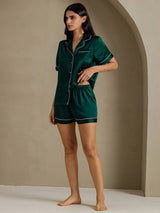 [أخضر غامق] SilkSilky-SA Short Sleeve Lapel Collar طقم بيجامة نسائي 008