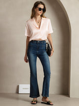 [لون القرنفل] SilkSilky-SA Short Sleeve Notch Collar بلايز نسائية 007