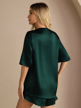 [أخضر غامق] SilkSilky-SA Short Sleeve Round Neck طقم بيجامة نسائي 006