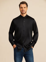 [أسود] SilkSilky-SA Long Sleeve Stand Collar قميص رجالي 001