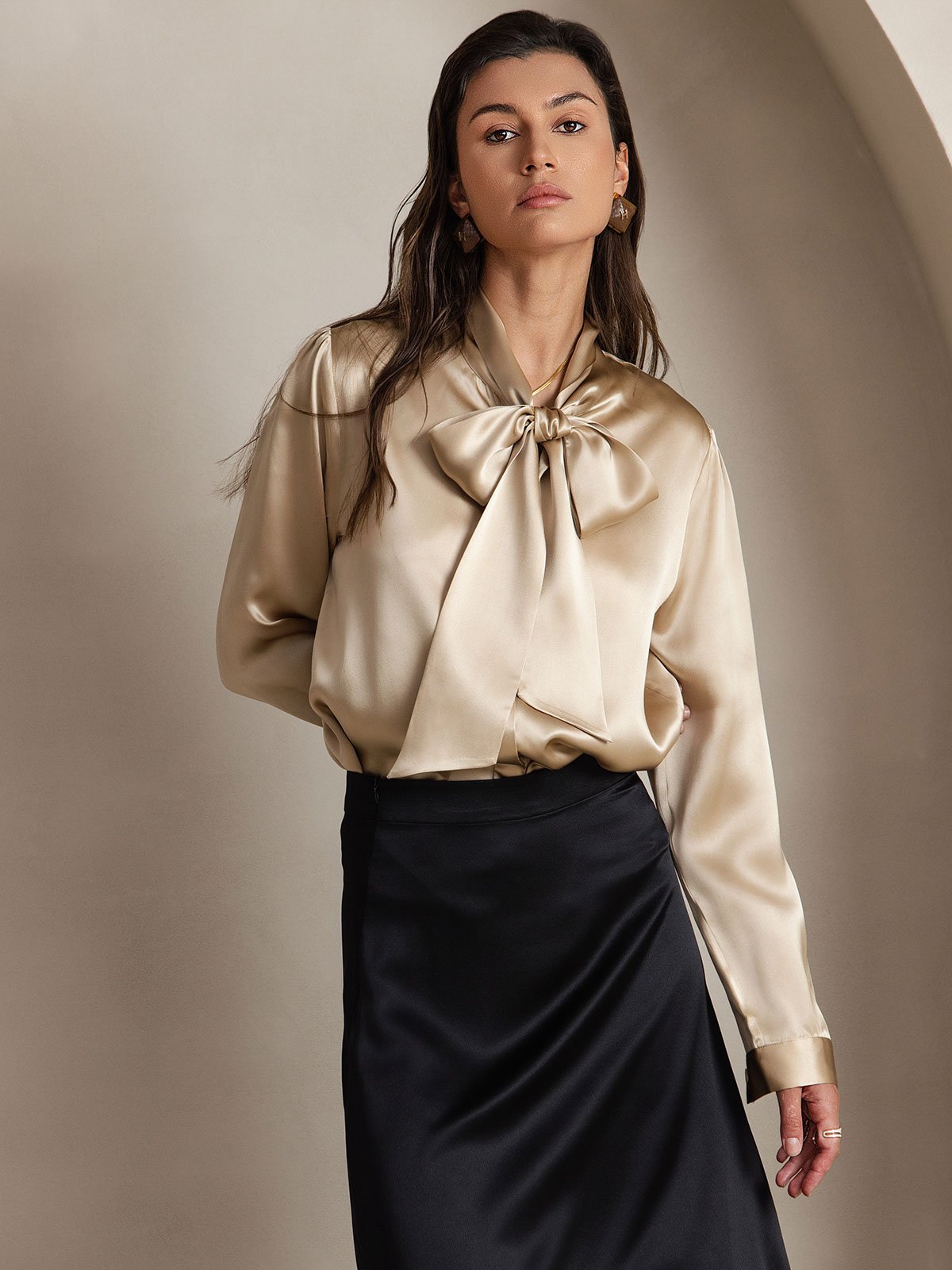 [شامبانيا] SilkSilky-SA 19Momme الحرير الأكمام الطويلة Blouse 003