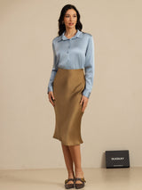 [أزرق رمادي] SilkSilky-SA Long Sleeve Lapel Collar بلايز نسائية 007