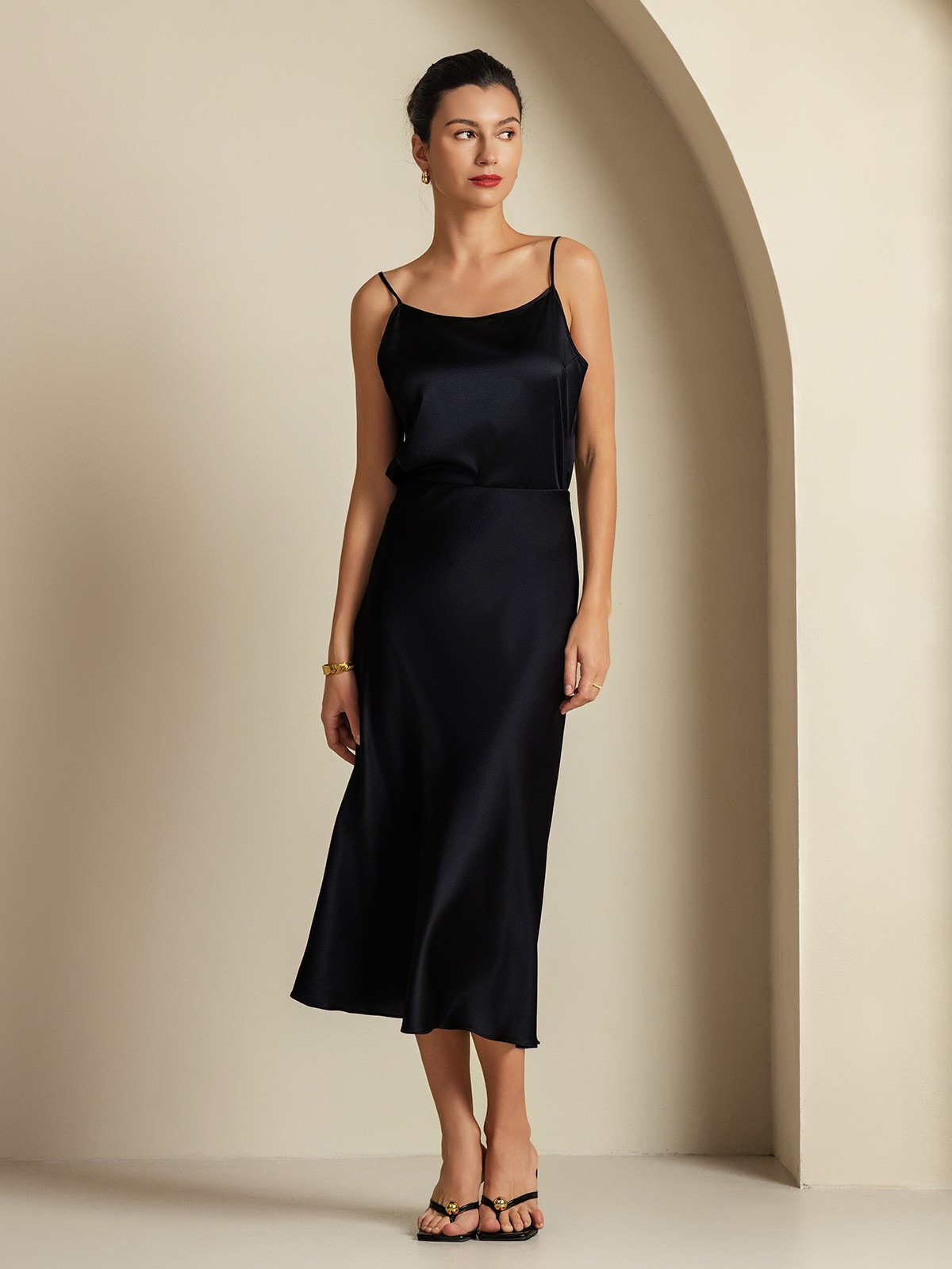 [أسود] SilkSilky-SA 19Momme الحرير الخالص Womens Outfit Sets 005,