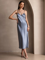 [أزرق رمادي] SilkSilky-SA Sleeveless V Neck فساتين نسائية 001