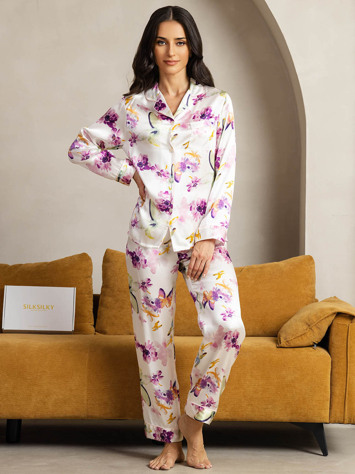 [زهور مائية] SilkSilky-SA الحرير الخالص Womens Pajamas 004
