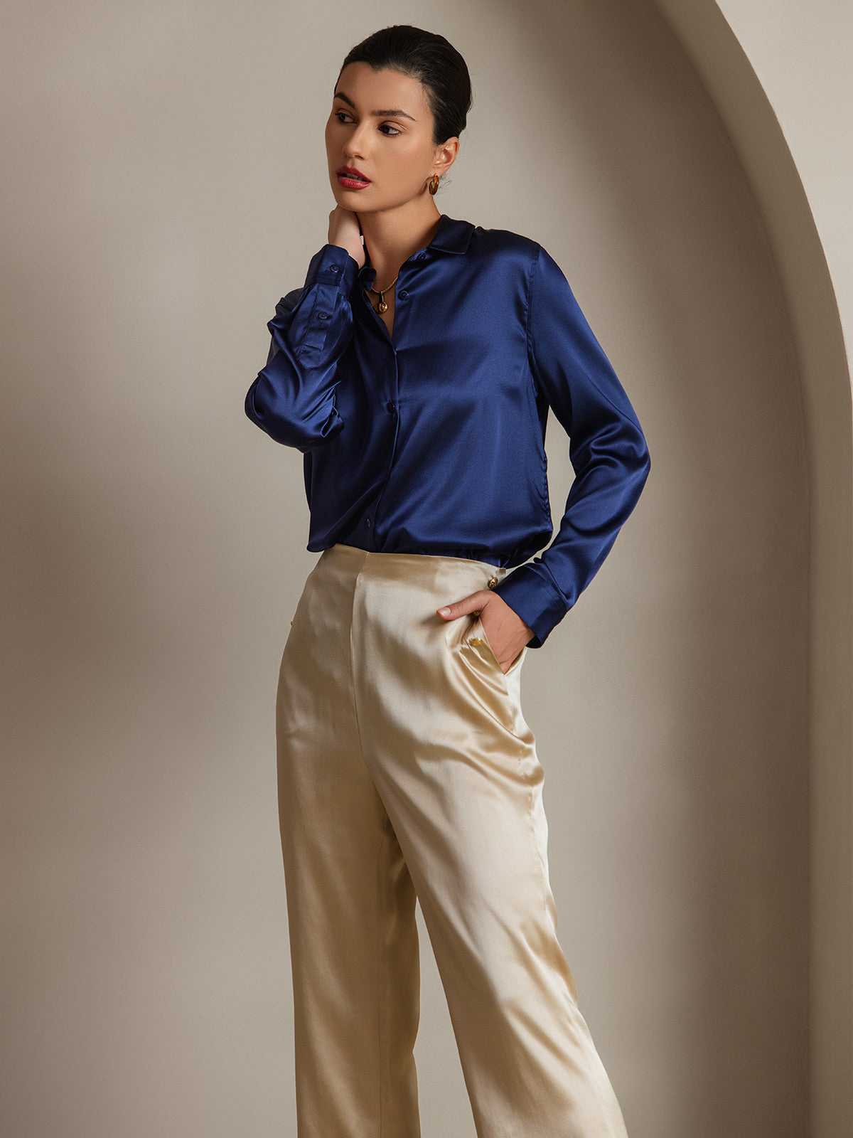 [أزرق غامق] SilkSilky-SA الحرير الأكمام الطويلة الياقة بلايز نسائية 005