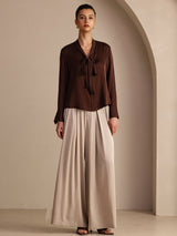 [شوكولاتة داكنة] SilkSilky-SA Long Sleeve Tie Neck بلوزات نسائية 006
