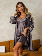 [رمادي أرجواني] SilkSilky-SA 3/4 Sleeve V Neck رداء الحمام وقميص النوم 001