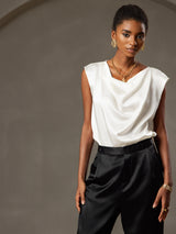 [أبيض] SilkSilky-SA Cap Sleeve Cowl Neck تي شيرت نسائية 005