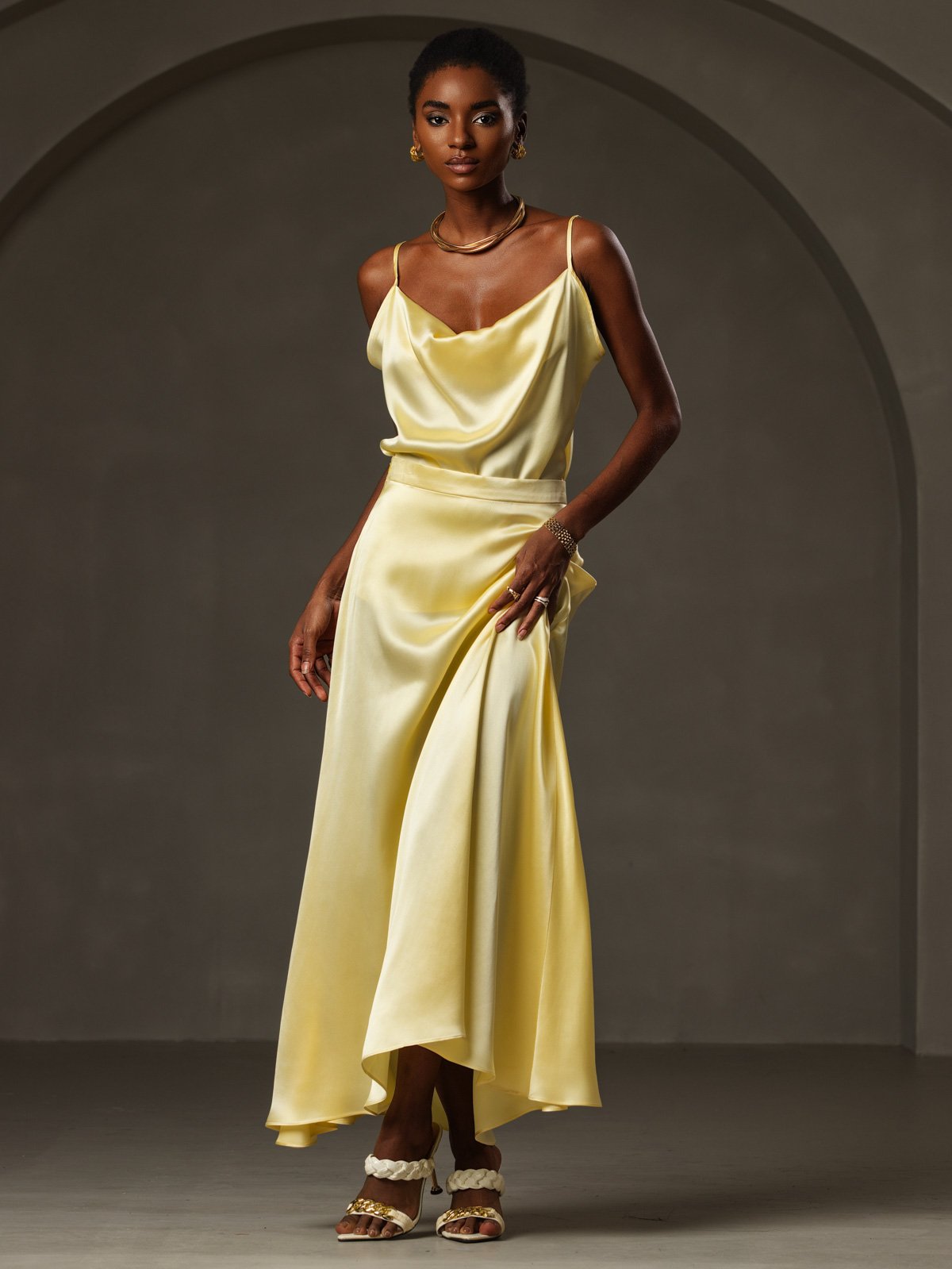 [أصفر] SilkSilky-SA 19Momme الحرير فتحة عنق بثنيات ملفوفة كامي 005