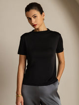 [أسود] SilkSilky-SA 100% Silk Jersey Short Sleeve ياقة نصف عالية تي شيرت نسائية 001