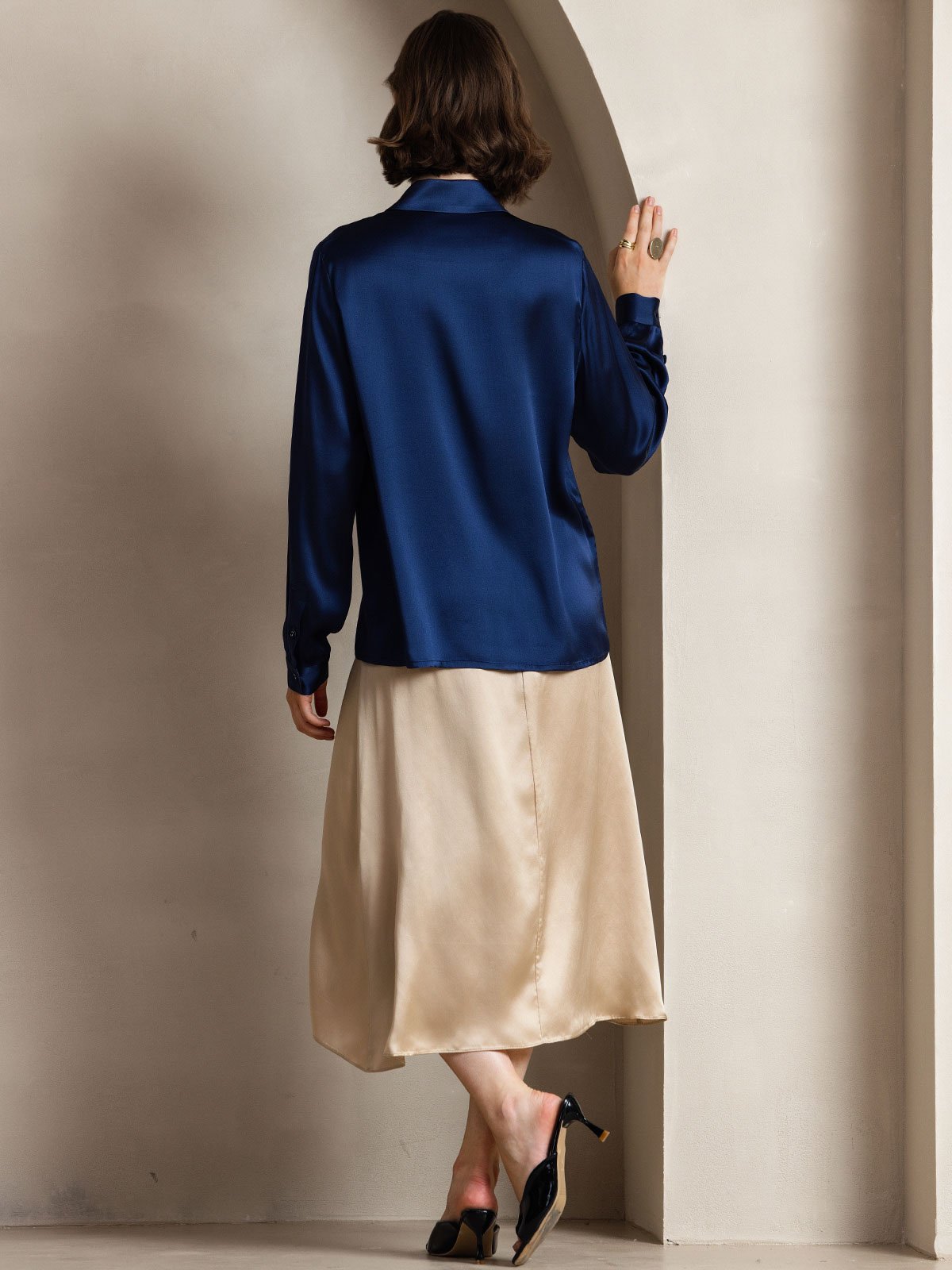 [أزرق غامق] SilkSilky-SA 19Momme الحرير Lapel Collar بلايز نسائية 002