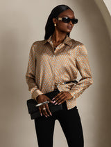 [أنماط زهرية] SilkSilky-SA Long Sleeve Lapel Collar بلايز نسائية 004