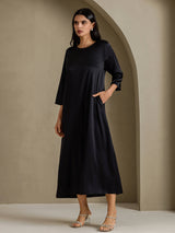 [أسود] SilkSilky-SA 3/4 Sleeve Round Neck فساتين نسائية 006
