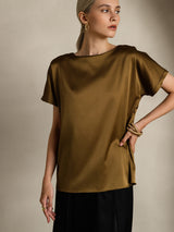 [بني] SilkSilky-SA Short Sleeve Boat Neck تي شيرت نسائية 005
