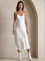 [أبيض] SilkSilky-SA Sleeveless V Neck فساتين نسائية 004