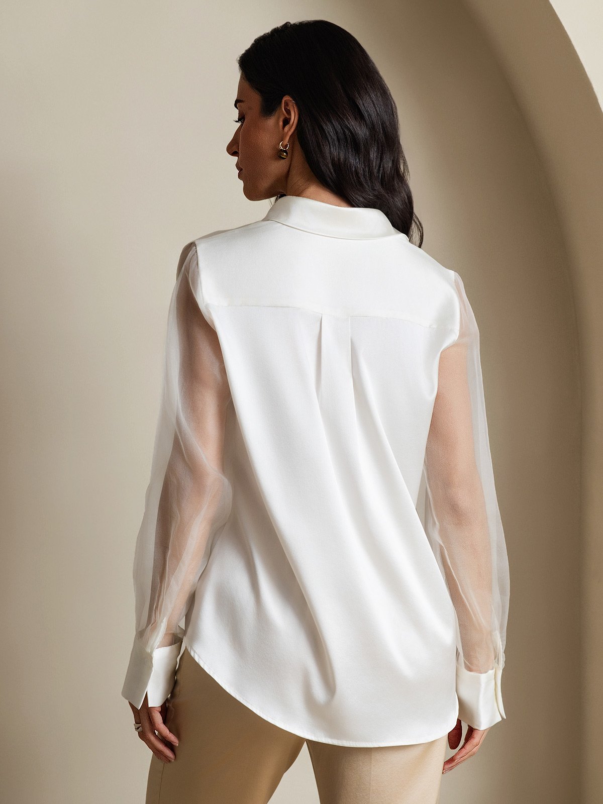 [أبيض] SilkSilky-SA 19Momme الحرير Lapel Collar بلايز نسائية 002