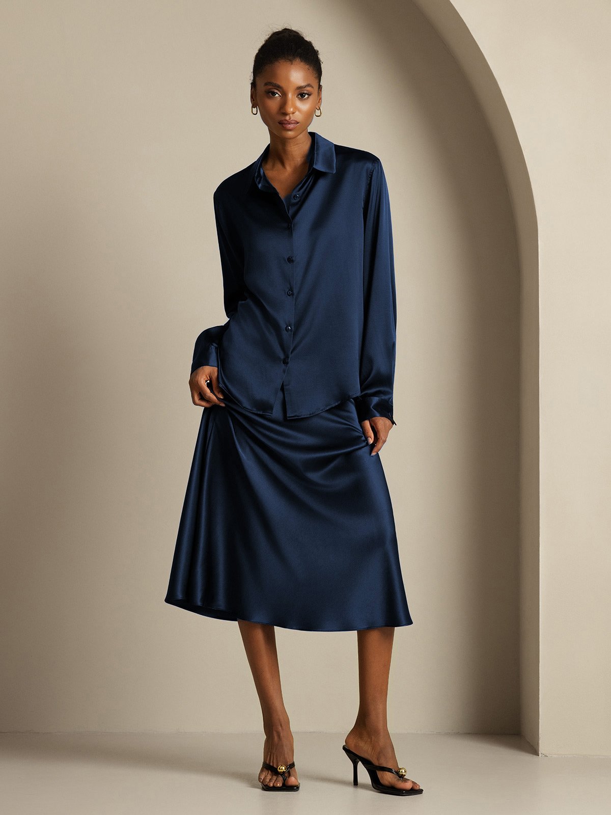 [أزرق غامق] SilkSilky-SA 19Momme الحرير Lapel Collar Women''s Outfit Sets 007,