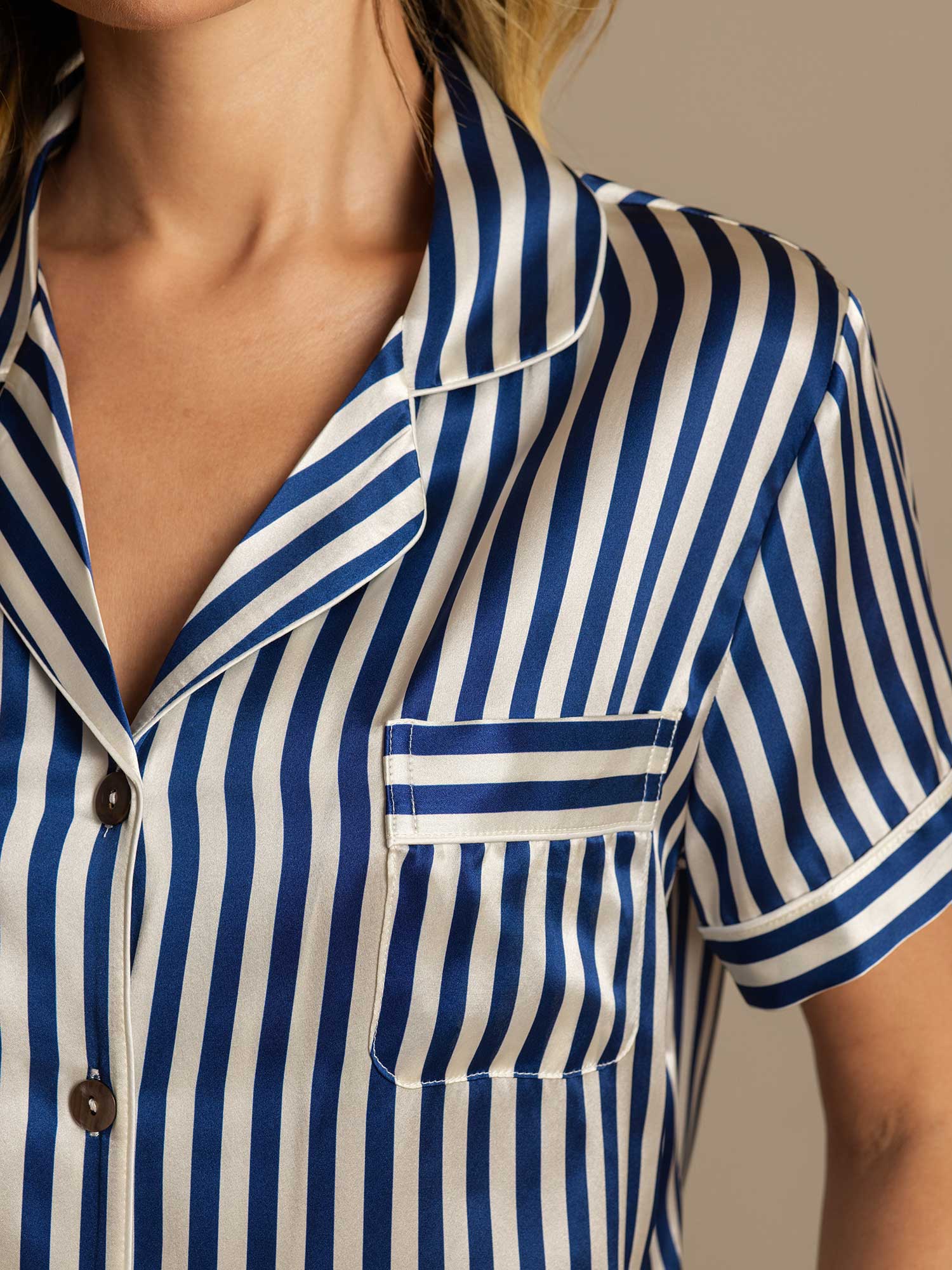 [أزرق غامق] SilkSilky-SA الحرير الخالص Notch Collar طقم بيجامة نسائي 007,