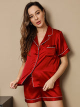 [خمر] SilkSilky-SA Short Sleeve Lapel Collar طقم بيجامة نسائي 004