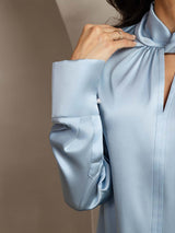 [أزرق رمادي] SilkSilky-SA Long Sleeve Keyhole Neck بلوزات نسائية 004