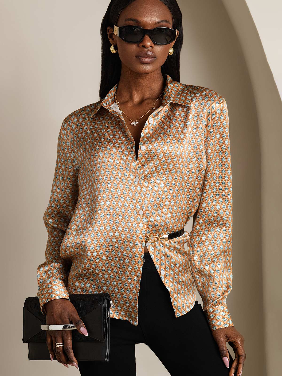 [أنماط زهرية] SilkSilky-SA 19Momme الأكمام الطويلة ياقة بقلاب بلايز نسائية 003