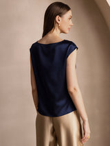 [أزرق غامق] SilkSilky-SA Cap Sleeve Cowl Neck تي شيرت نسائية 002