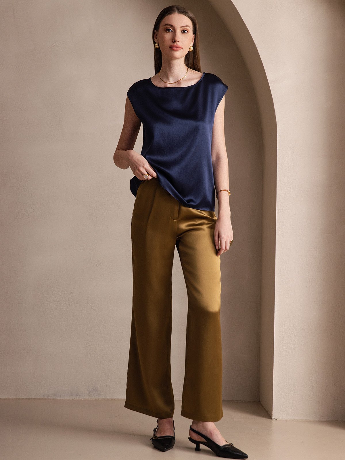 [أزرق غامق] SilkSilky-SA 19Momme الحرير رقبة مستديرة تي شيرت نسائية 005,