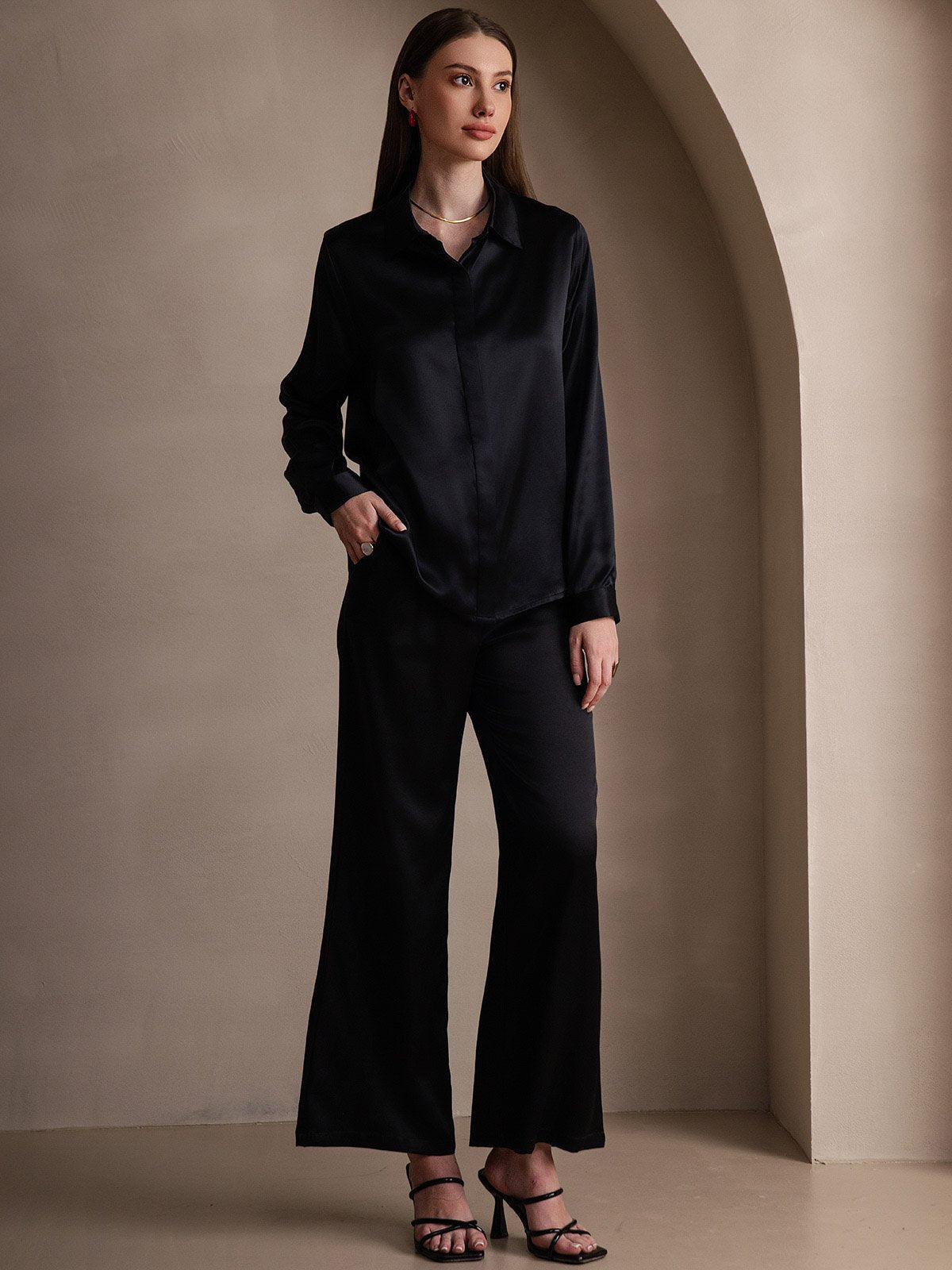 [أسود] SilkSilky-SA 19Momme الحرير الأكمام الطويلة Lapel Collar بلايز نسائية 006