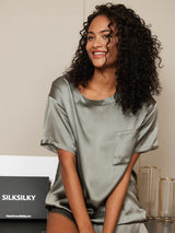 [أخضر رمادي] SilkSilky-SA Short Sleeve Round Neck طقم بيجامة نسائي 005