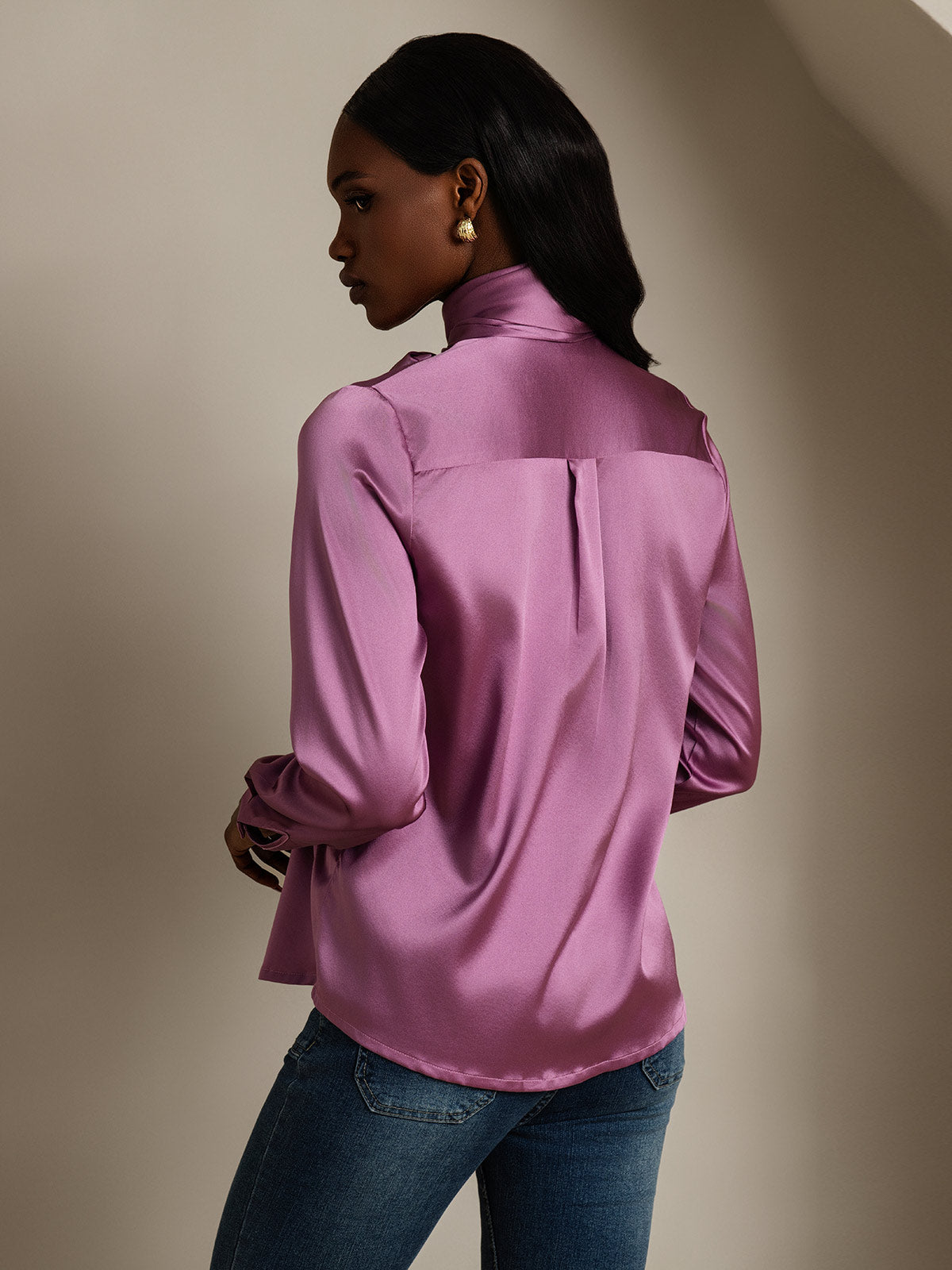 [الأرجواني الداكن] SilkSilky-SA 19Momme الحرير الأكمام الطويلة تعادل الرقبة بلوزة 002