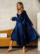 [أزرق غامق] SilkSilky-SA Long Sleeve V Neck رداء الحمام وقميص النوم 002