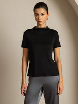 [أسود] SilkSilky-SA 100% Silk Jersey Short Sleeve ياقة نصف عالية تي شيرت نسائية 003