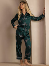 [حمار وحشي زمردي] SilkSilky-SA Long Sleeve Lapel Collar طقم بيجامة نسائي 007