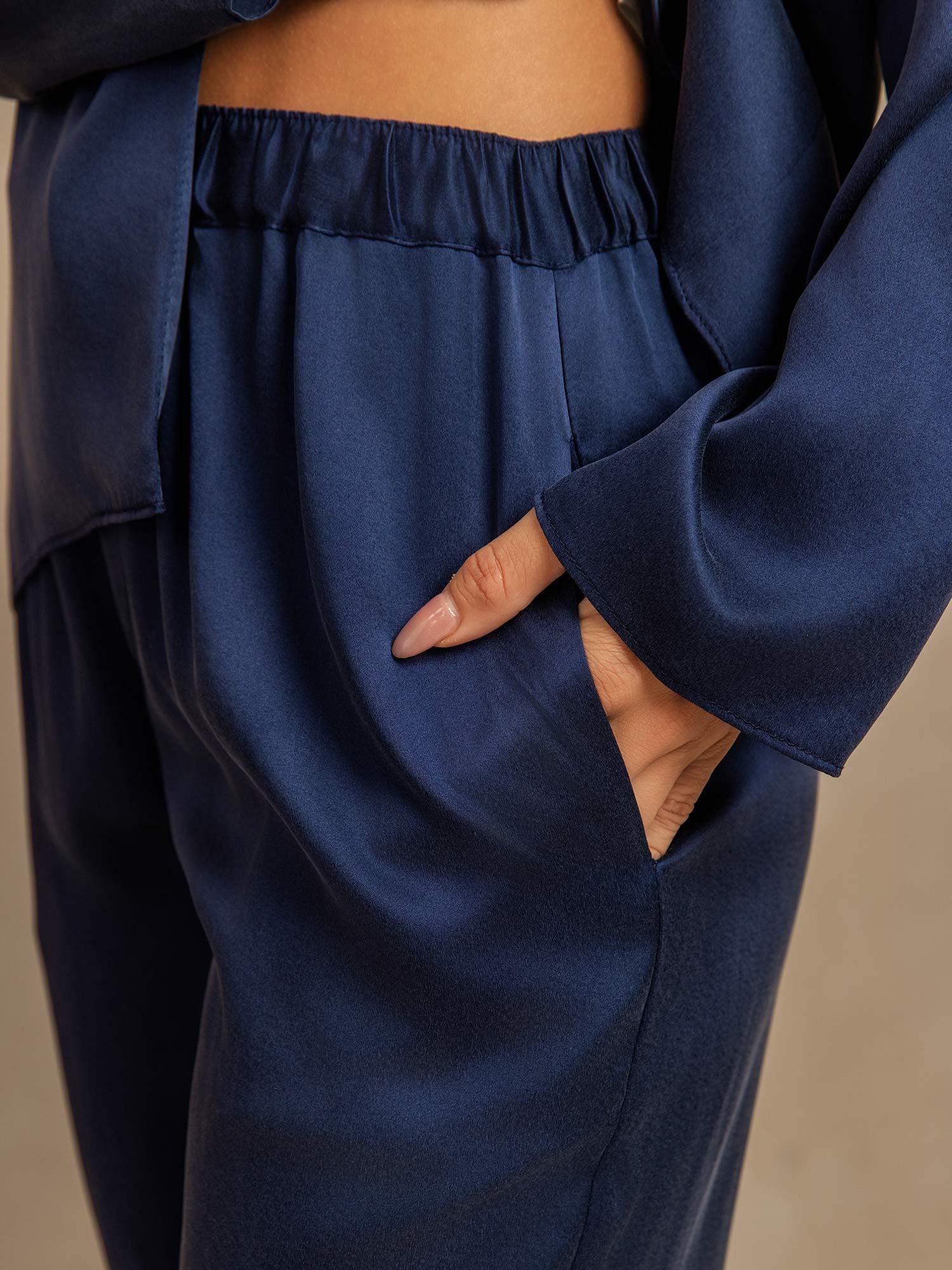 [أزرقغامق] SilkSilky-SA 19Momme الحرير فتحة عنق V طقم بيجامة نسائي 005