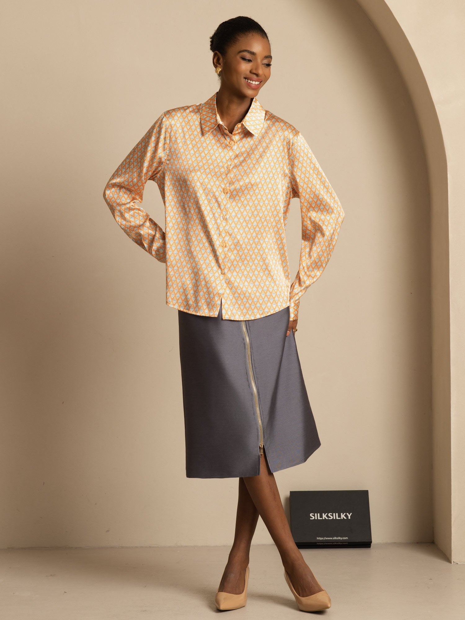 [أنماط زهرية] SilkSilky-SA الحرير الأكمام الطويلة الياقة بلايز نسائية 006