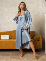 [أزرق رمادي] SilkSilky-SA Long Sleeve V Neck رداء الحمام وقميص النوم 005