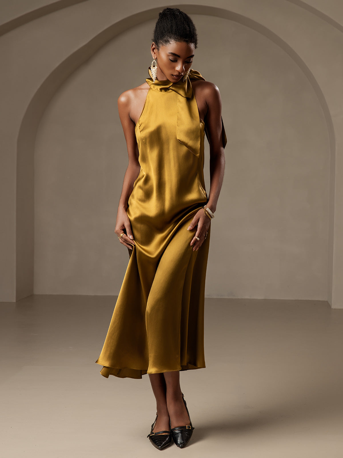 [بني] SilkSilky-SA 19Momme الحرير بدون أكمام تعادل الرقبة فساتين نسائية 005