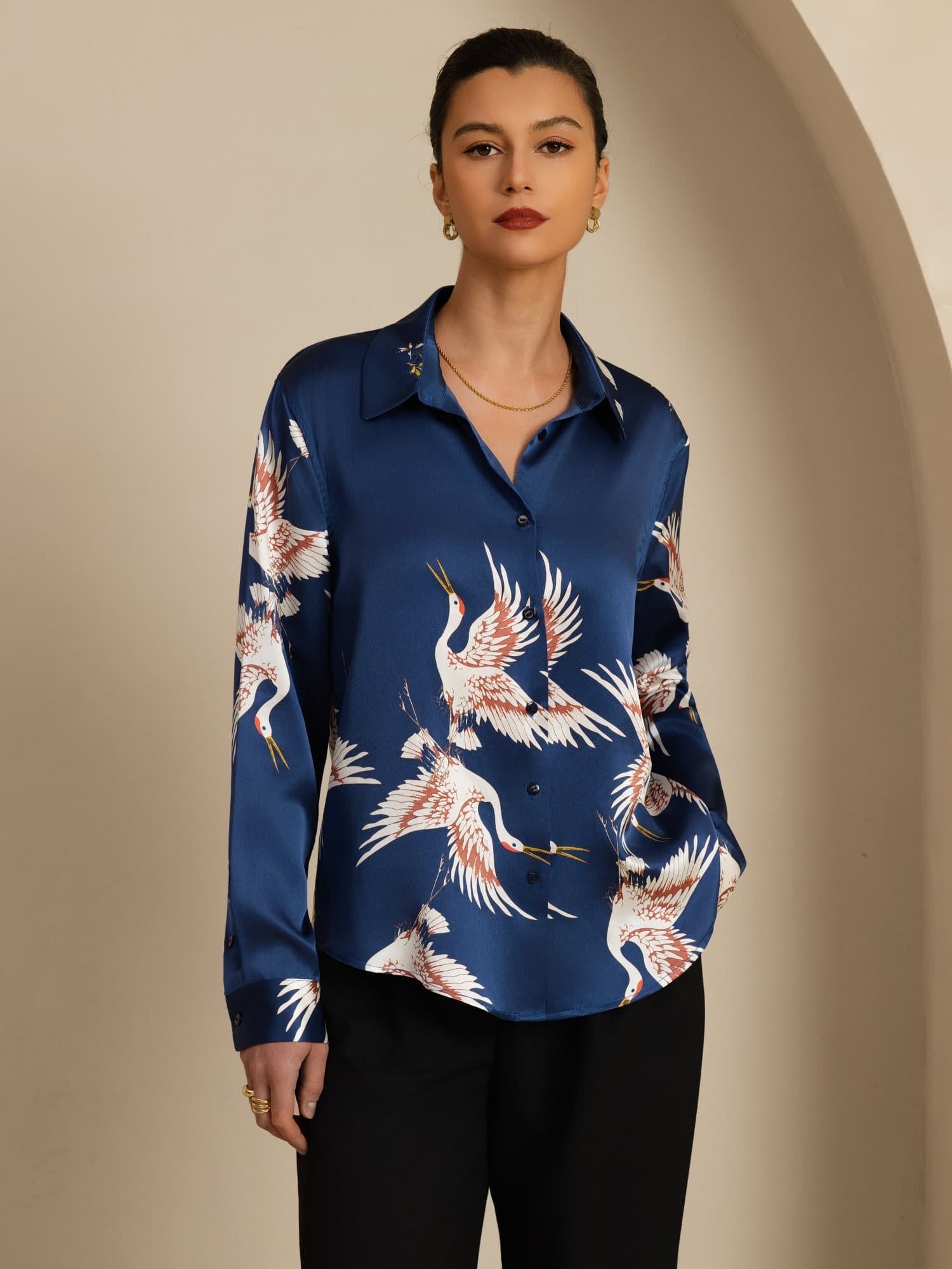 [أزرق غامق] SilkSilky-SA Long Sleeve Lapel Collar بلايز نسائية 001