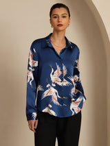 [أزرق غامق] SilkSilky-SA Long Sleeve Lapel Collar بلايز نسائية 001